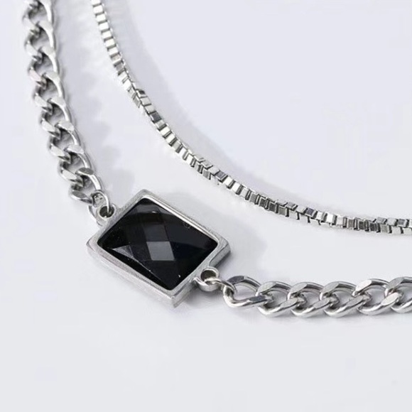 💎Black Rectangle Stone Titanium Steel Necklace Chain Double layer thick silver - Picture 8 of 10